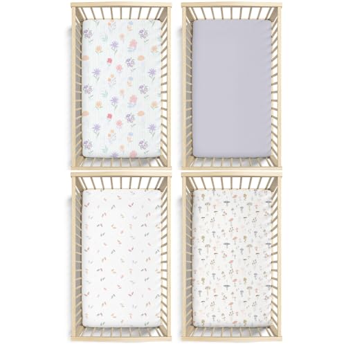 Image of Plushii 4PK Girls Crib Sheets, Microfiber Mattress Cover, Botanical Garden | Fits standard crib & toddler beds (52x28 inch). Soft, breathable cover with plane patterns for boys and girls.