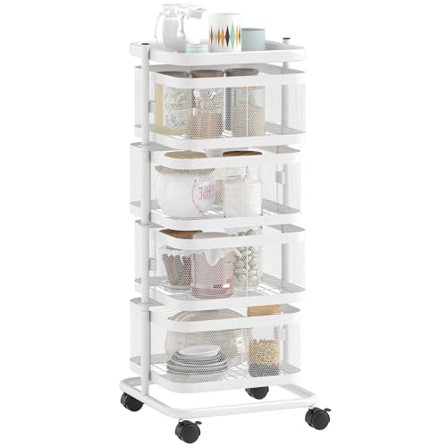 HOMCOM Resserre 4 paniers rotatifs sur Roues, Chariot de Rangement de Cuisine, Panier à légumes et Fruits avec Plateau supérieur, étagère en Fil d'acier,...