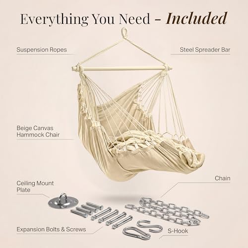 Image of Hanging Hammock Chair Swing - Outdoor & Indoor - Hammock Swing Chair | For Adults, Ceiling Mount, Cotton Blend, All Hardware Included, Spacious XL Seat, Bedroom to Porch Use, Built-In Footrest