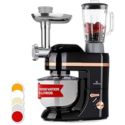 Robot Amasadora Picadora Klarstein Batidora Amasadora con Bol 5L para Hornear, Robot Cocina, Amasadora Reposteria 2000W, Picadora Carne, Gancho y Bol para Mezclar, Licuadora 1,5L con 6 Velocidades Postres y Panaderia