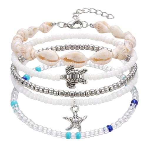Image of Rndqw 5pcs Shell Anklet Set, Ankle Bracelets for Women, Beach Anklets with Starfish & Beads Summer Gift