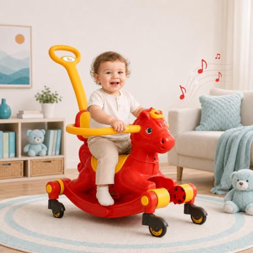 Image of 3 in 1 Baby Horse Rider for Kids 1-5 Years with Parent Handle, Rocking Horse, Ride On Toy, 360 Safety Guard, Music, Swivel Wheels, Backrest, Baby Ride On for Boys & Girls (Red)