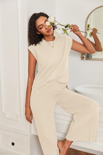 Image of Ekouaer Lounge Sets for Women Two Piece Outfits Knit Cap Sleeve Tops Wide Leg Pleated Pants Casual Dressy Sweater Sets