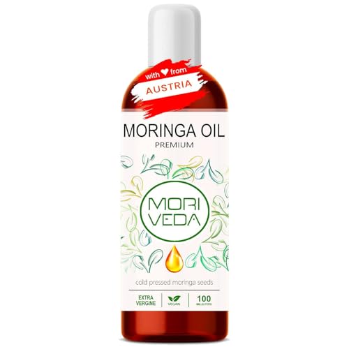 MoriVeda Aceite de moringa Premium 100 ml, prensado en frío con aceite de behen de alta qualità, para la piel, el cabello y la alimentación, ácidos grasos insaturados y antioxidantes