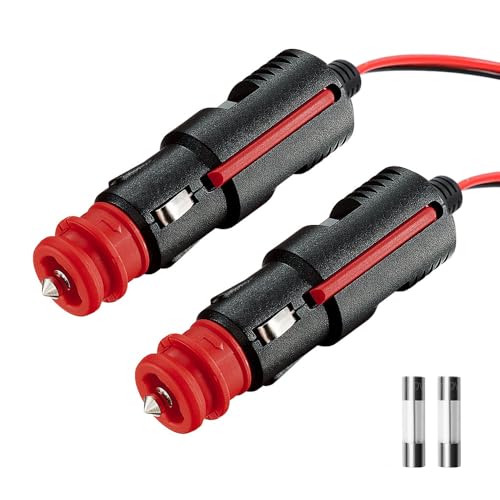 Conector Enchufe de Mechero Coche Universal 12V-24V con Cable y Fusible, Clavija Estándar 21mm y DIN 12mm para Camión, Moto, Autocaravana, Barco (20cm, Pack de 2)