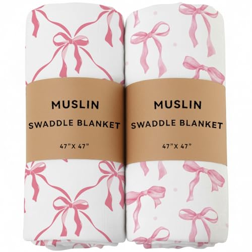 Image of 2 Pack Pink Bow Muslin Swaddle Blankets 70% Bambo 30% Cotton Breathable Receiving Blankets Newborn Essentials for Baby Girl Soft and Large 47 x 47 Inches (Bow)