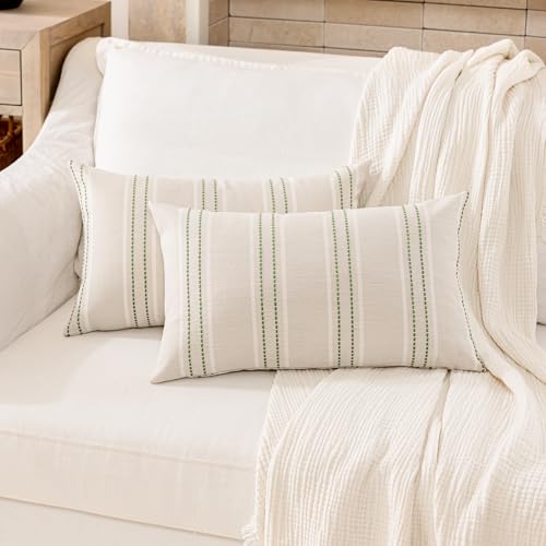 Image of Hckot Spring Throw Pillow Covers 12x20 Set of 2 Grass Green Pillow Covers Farmhouse Decorative Pillows Textured Linen Square Cushion Covers for Sofa Couch Bed Living Room Decor(Grass Green)