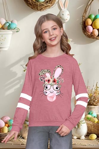 Image of LAZYCHILD Kids Easter Shirt Girls Happy Easter Shirts Rabbit Graphic Long Sleeve Striped Tee Tops 5-14 Years