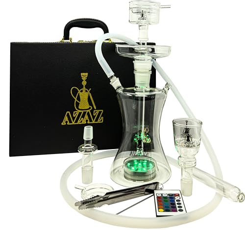 AZAZ Mystical Cloud V2 Luxury Portable Glass Hookah Set with Glass down Stem 2 Glass Bowl 2 Bowl Lid Charcoal Tray LED Light with Remote Charcoal Tongs Silicone Hookah Hose and Hookah Carrying Case