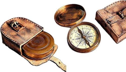 Brújula de bolsillo de latón con estuche de cuero miniatura 1