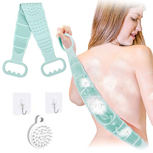 Fordim Silicone Back Scrubber for Shower,Extra Long Double Sided Bath Body Brush for Men and Women, Deep Clean & Exfoliating ，Foams Easily，Bath Towel for Massage(with 2 Hooks and Hair Scalp Brush)…