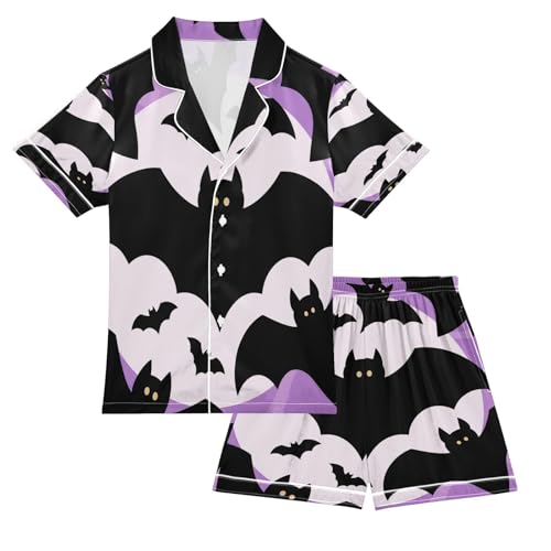 Satin Pajama Sets Short Sleeve Bats Flying Against Purple Background Button Down Silky Nightwear 2 Piece PJS 5-14Y