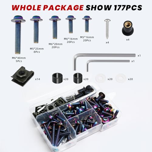 Image of M5 M6 Stainless Steel Motorcycle Fairing Bolts, 177Pcs | Windscreen Screws, Fastener Clips, High Strength, Universal Fit for Sportbike Kawasaki Suzuki Honda Yamaha BMW Ducati GSXR