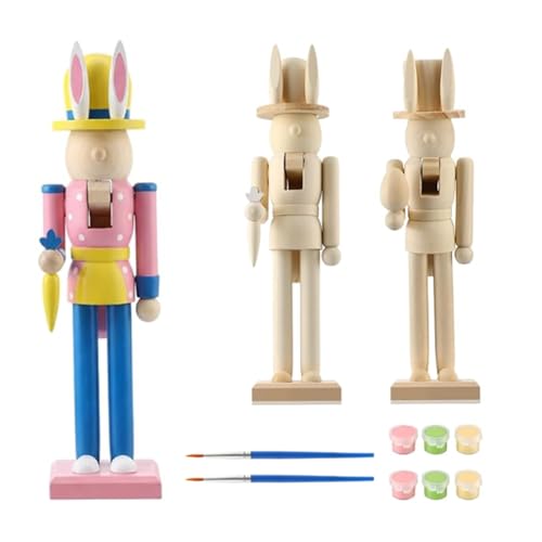 Hollowfly 2 Pcs 12 Easter Wooden Nutcracker to Paint Unfinished Nutcracker Bunny Figures Statues Ornaments DIY with Brush Paint for Easter Spring Paintable Gifts Table Desktop Fireplace Decor