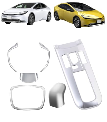 VrayKnol 新型 プリウス 5代目 60系 対応 2023(令和5)年1月後〜ステアリングホイールパネル&ボタン装飾フレーム&シフトゲートパネル&シフトグリップカバー 内装 カスタムパーツ ABS樹脂製 For PRIUS 専用設計 (シルバー) [