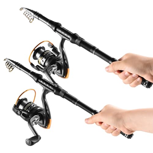 Eacam Fishing Rod Reel Combo, 2PCS Fiberglass Telescopic Fishing Rod with Spinning Reel, Fishing Line, Lures Hooks, Jigs Swivels, Saltwater Freshwater Travel Fishing Kit