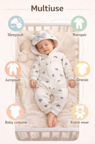 Image of BRANDONN Kids Baby Cotton Fleece Jumpsuit Romper Onesie Sleep Suit Hooded Semi Winter Zipper (White & Grey, Length 65 cm x Chest 35 cm, 12-18 Months)