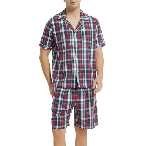 Image of Vulcanodon Mens Cotton Pajama Set Short Sleeve, Button Down Pajama Set for Men Lightweight Men's Sleepwear