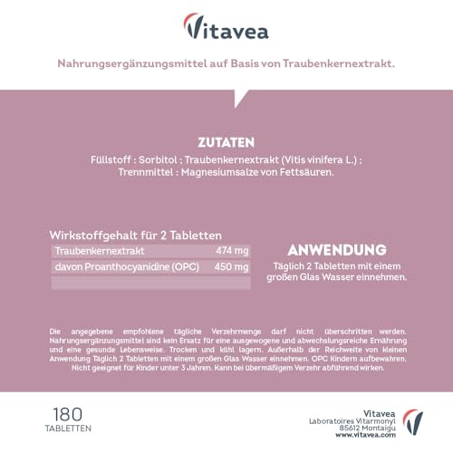 OPC Traubenkernextrakt - Hochdosiert mit 95% reines OPC - Aus französischen Weintrauben - Laborgeprüft (HPLC-Methode), Vegan - 180 Tabletten - Vitavea