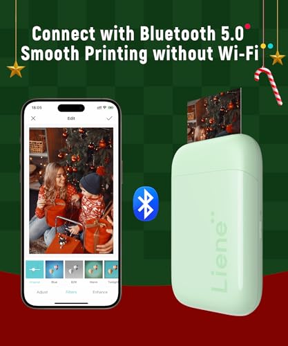 Liene Photo Printer, 2x3” Mini Portable Instant Photo Printer Bundle w/ 50 Zink Adhesive Paper, Bluetooth 5.0, Compatible w/iOS & Android, Small Color Mono Picture Printer for iPhone, Smartphone Green
