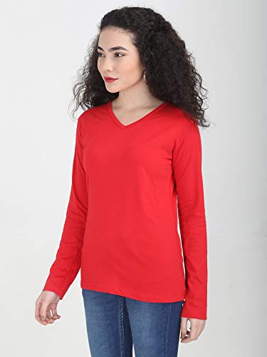 Image of FLEXIMAA Women's Cotton Plain V Neck Full Sleeve T-Shirt