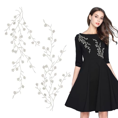 Letsinstyle 2 PCS 13.8 x 3.7 pouces Applique en Dentelle Brodée à Motif de Fleur de Prunier Écussons Thermocollants Floraux à Coudre Motif de Vigne et de...