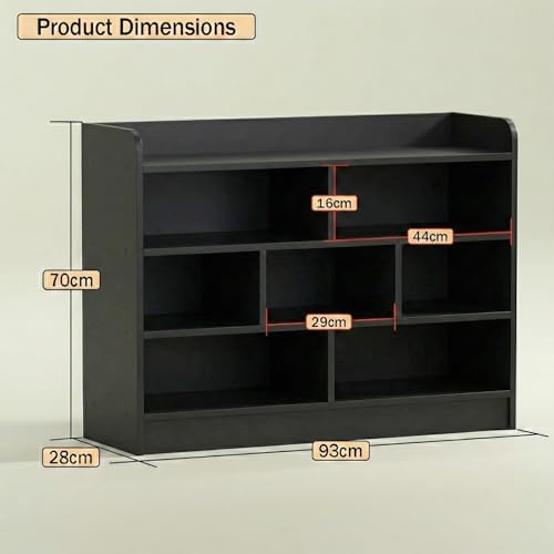 Image of Lukzer Multipurpose 7-Section Storage Rack Bookcase | MR-008 /Black | Open Display Unit for Home & Workspaces (70x28x93cm)