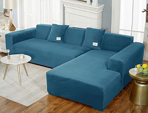 Housse de canapé d'angle en velours bleu extensible 2 places