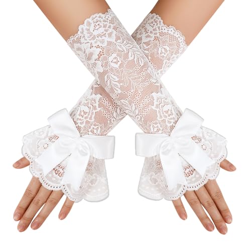 Avidlove Women Fingerless Lace Gloves Ruffle Bow Lolita Wrist Gloves Costume for Cosplay Wedding Opera Evening Tea Party