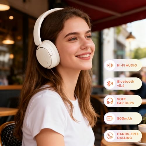 Image of for Home Office Travel, Hybrid ANC Over Ear Headphones, BT6.0 60H Hi-Res Deep Bass Memory Foam Cups White