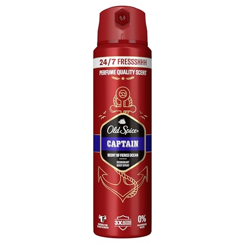 Old Spice Captain Desodorante en spray para hombre, 150 ml, 24/7 Frischhh para uso diario, fragancia de larga duración en calidad de perfume, protección contra olores, sin sales de aluminio, invisible
