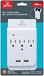 Globe Electric 78081 3-Outlet Charging Station Surge Protector Wall Tap, 2X USB Ports, Phone Holder, White Finish