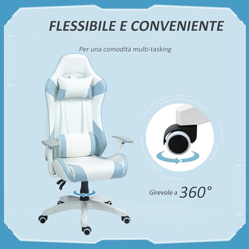 Sedia da Gaming in Finta Pelle Reclinabile a 135°, Sedia per Scrivania Stile Racing con Supporto Lombare, Poggiatesta e Altezza Regolabile, Azzurro - Sedia gaming - Immagine 6