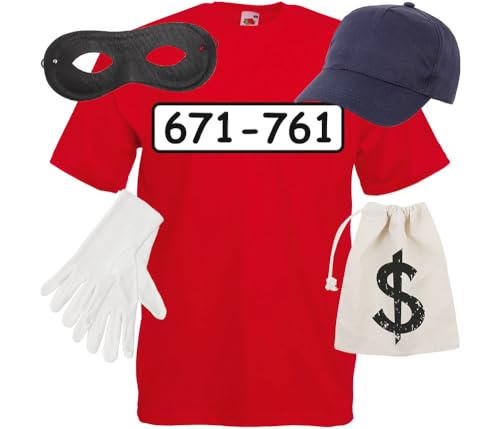 Panzerknacker Kostüm Set – Shirt + Maske + Handschuhe + Mütze – S bis 5XL – Unisex Gruppenkostüm für Karneval & Fasching – Banditen Outfit für Männer & Frauen – Comic Gauner Verkleidung (L)