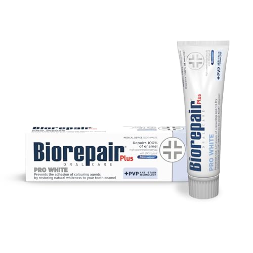 Image of BIOREPAIR Plus Pro White - Whitening Toothpaste Adults & Kids, Repairs Enamel Surface & Pervents Stains, Flouride Free Toothpaste for Sensitive Teeth, Restores Natural Whiteness, 75ml, Made in Italy