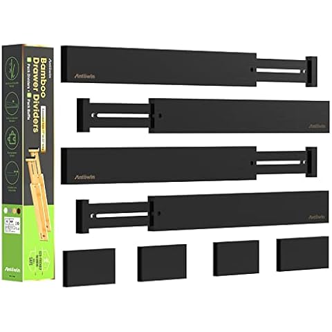 ANTOWIN Schubladentrenner Verstellbar Bambus (43-56 cm), Schubladen Organizer, Gefedert, Küche, Kommode, Badezimmer, Schlafzimmer, Babyschublade, Schreibtisch Ordnungssystem (Schwarz) Cover