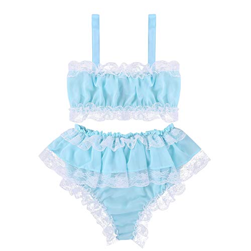 renvena Men's 2 Pieces Sissy Crossdressing Lingerie Set Lace Ruffuled Frilly Crop Top with Girly Panties Nightwear4
