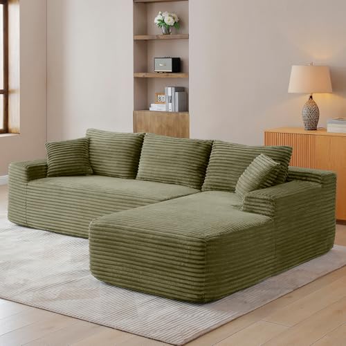 HYJT-H&K Modular Sectional Sofa Cloud Sectional Couch, 95" Comfy Fluffy L Shaped Green Couches for Living Room, Deep Seat Memory Foam Plush Corduroy Boneless Couch Sectionals Right Facing Chaise Sofa