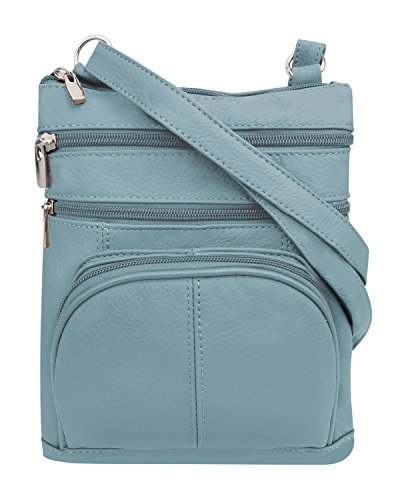 Roma Leathers' Cross Body Purse - Premium Light Blue Colored Cowhide Leather - Multi Zippered Pockets - Front Organizer Pocket With Credit Card Slots - Adjustable Shoulder Strap - Designed in U.S.A.