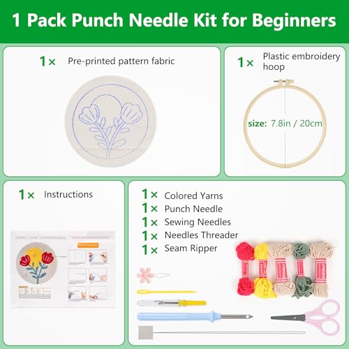 Image of Enkor Punch Needle Kit Adults Beginner,Needle Punch Embroidery Kits Beginners Kids Include Instructions Video, Fabric,Hoop,Yarns,Threader-Flowers Love F1