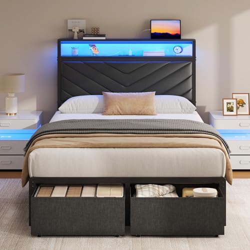 Image of Fluest Twin Bed Frame with Storage Drawers, Upholstered Headboard with Charging Station, LED Lights, Fabric Drawers with Wheels, Under Bed Storage, No Box Spring Needed, Easy Assembly, Black