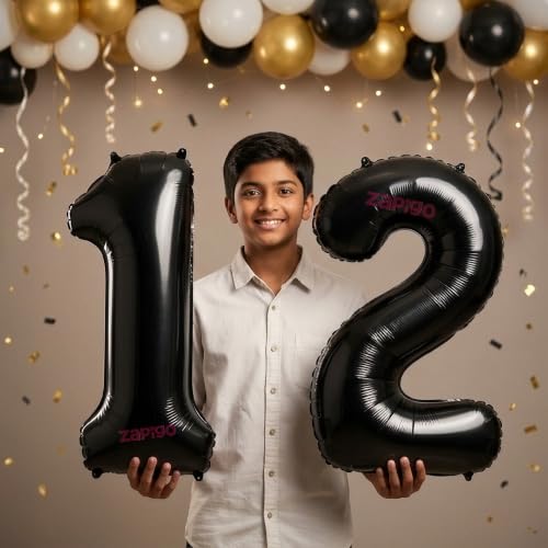 Image of Balloonistics Black 40-Inch Foil Number 12 Balloon - Helium or Air Fill for 12th Birthday, Anniversary Party Decoration, Photo Booth Backdrop, Cake Table Decor