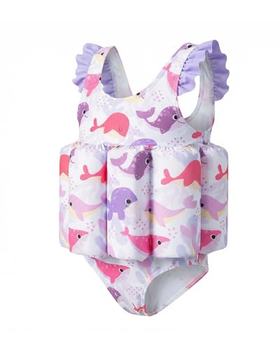 DivingBirds Toddler Girls Floatie Swimsuit, Sleeveless One Piece Float Suit for Baby Girls Pool Beach Whale Print 1-2 Years