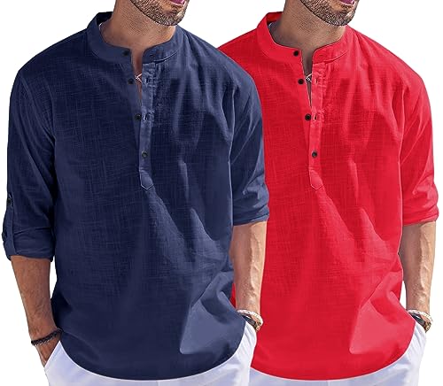 Image of Bellstone Men's Cotton Blend Straight Kurta Shirt Combo with Mandarin Collar - Slim Fit Casual Short Kurti Set Featuring Textured Slub Fabric and Roll-Up Full Sleeves