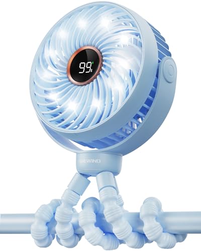 Image of SHEWIND Stroller Fan, 4000mAh Portable Battery Operated Smal Clip on Fan, 4 Speed Rechargeable Mini Personal Cooling, Travel for Baby Car Seat Crib(Blue)