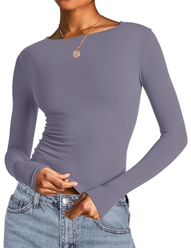 Image of AKEWEI Long Sleeve Crop Tops for Women 2 Pack Fall Going Out Outfits Cute Tight Basic Tees Shirt