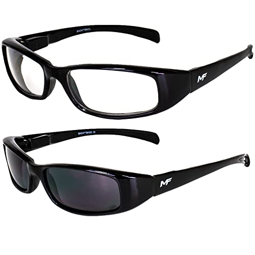 2 Pairs of MF Eyewear Bad Attitude Cool Wraparound Motorcycle Sunglasses Black Frames with Clear & Super Dark Lenses