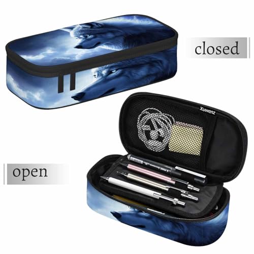 Image of Blue Wolf Pencil Case Organizer Lightning Galaxy Starry Beast Wolf Animal Stationery Box Makeup Box School Supply for Boy Girl Men Women
