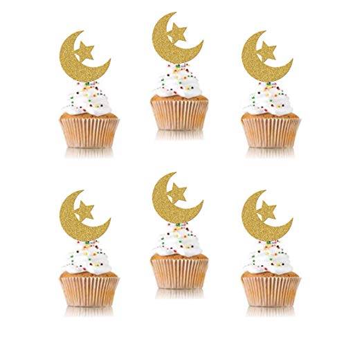 Swyoun 48Pcs Glitter Moon And Star Eid Mubarak Cupcake Topper Ramadan Kareem Party Supplies Islamic Muslim Party Decorations #TOP5