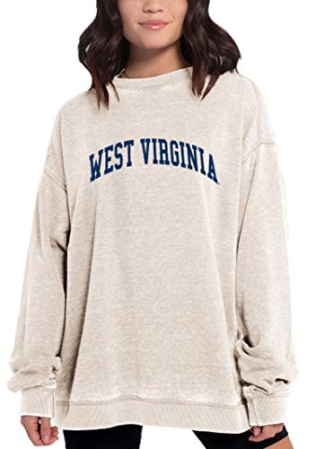 Chicka-d Women's Oversized Dropped Shoulder Crewneck Fleece Sweatshirt | NCAA Classic Arch Over Neutral, West Virginia Mountaineers, Neutral, Medium